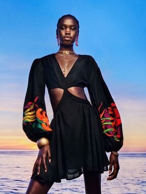 DESIGUAL | x Stella Jean Cut Out Dress with Embroidered Puff Sleeves
